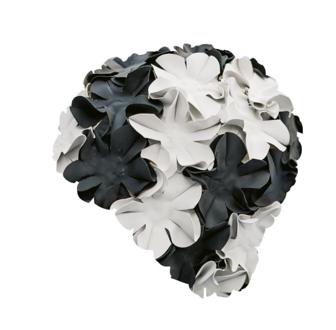 Bonnet de bain pour femmes fleurs fashy Retro Fleurs blanches et noires